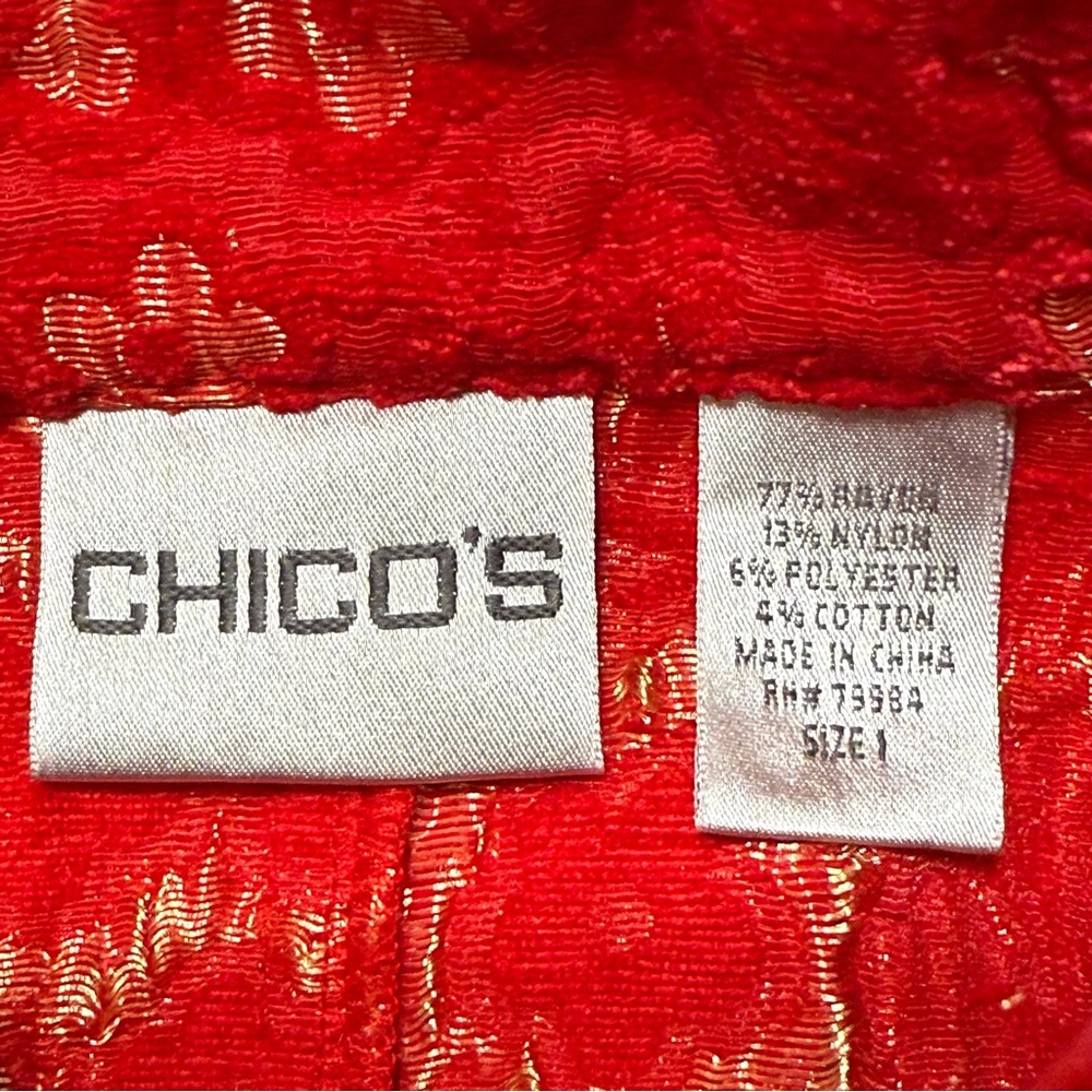 Chico’s Red Floral Jacquard Mandarin Collar Button Jacket Blazer Size 1 - Picture 5 of 7